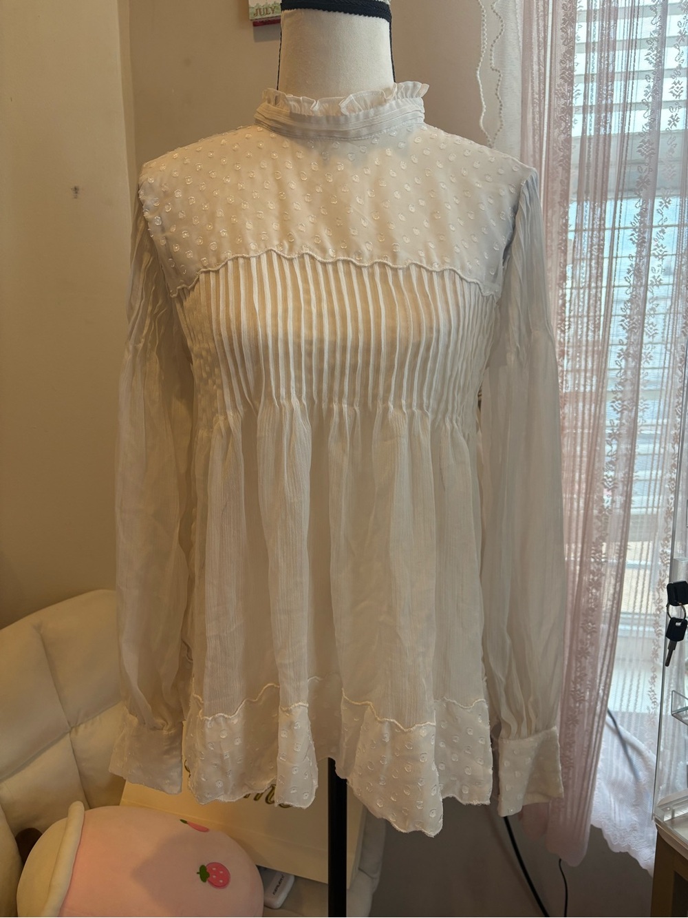 Ann Taylor Ivory Sheer Ruffle High Neck Blouse XS